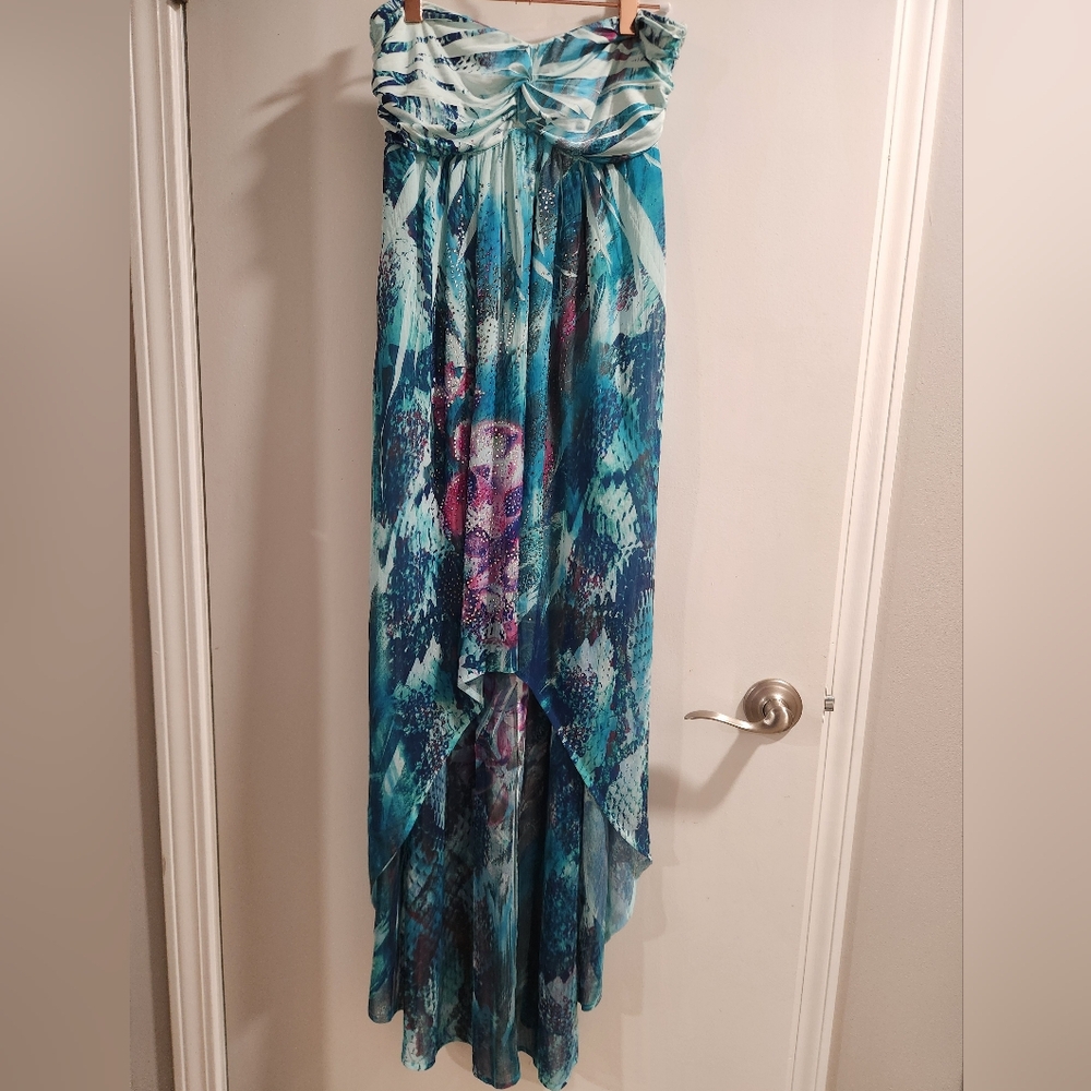 Blue and Purple Strapless Maxi High Low Dress - Picture 1 of 6